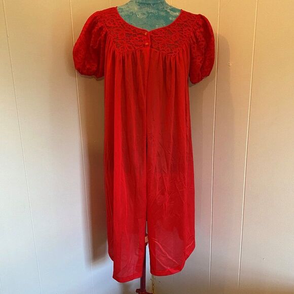 Sans Souci Vintage Red Boho Nylon Lace Womens Red House Coat Size Small - Picture 1 of 7